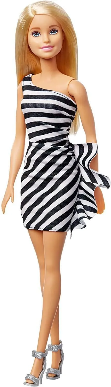 Barbie GJF85 Black-and-White Striped Party Dress Playset Personalized Exhibit Poseable Collectible