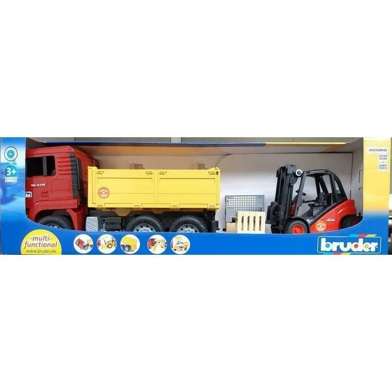 Stone Statue Holiday themed Bruder Earthmoving Truck Man With Linde Lifting With 2 Pallets