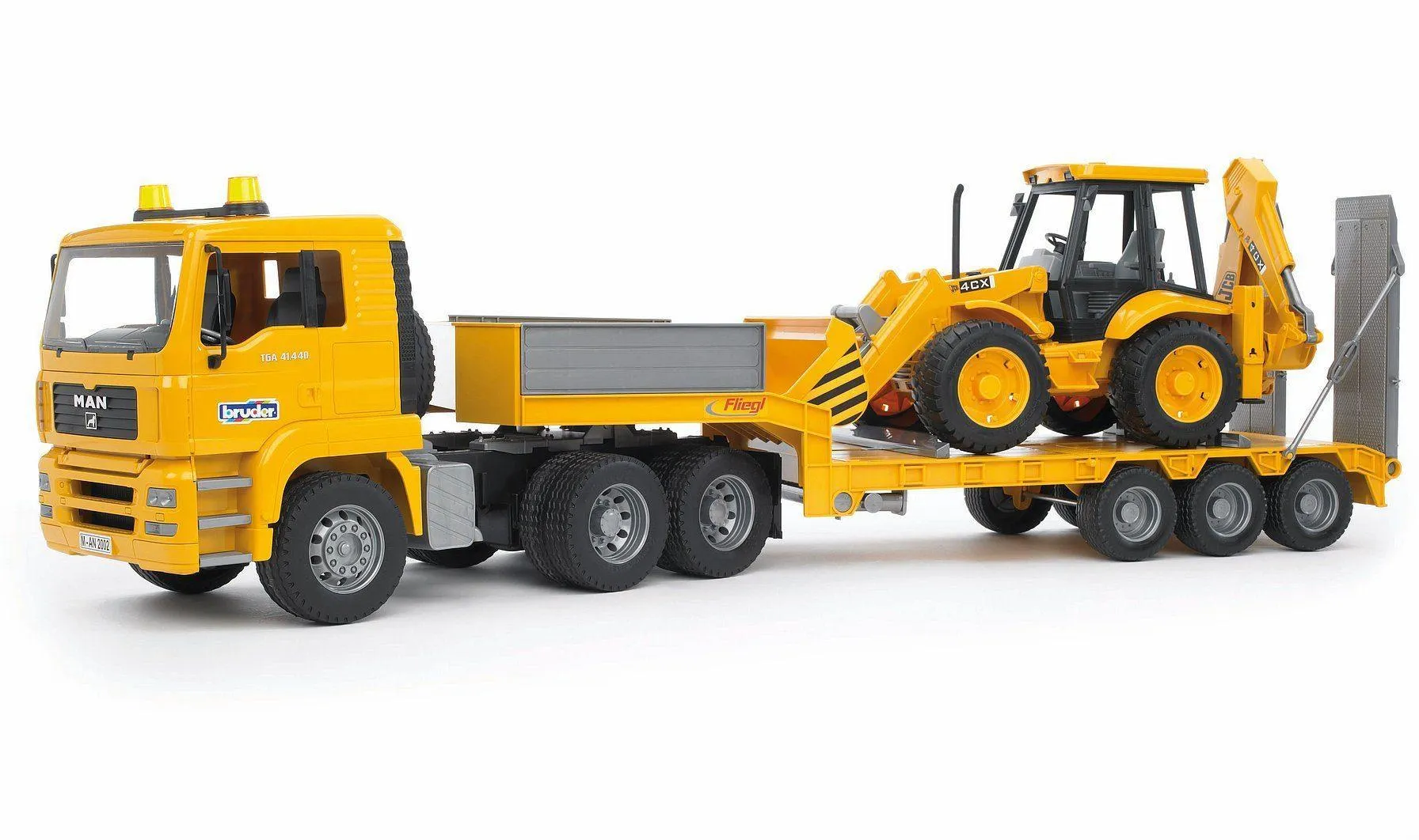 Bruder MAN TGA Low loader truck with JCB Backhoe loader Tropical theme Crystal Figure