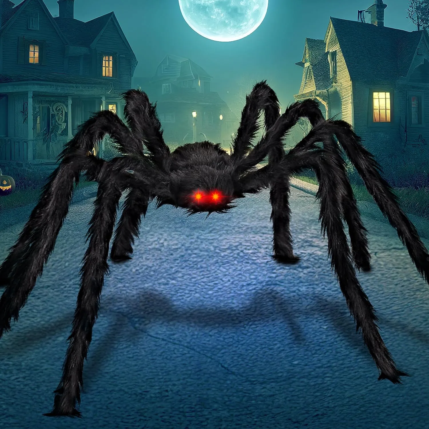 6.5ft Led Eyes Hairy Black Giant Spider For Halloween Indoor Outdoor Decorations Ghostly Lights