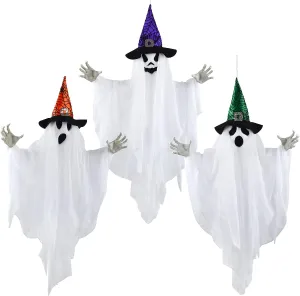 Creepy Decorations Monster Ornaments 24.8in White Ghost with Colored Hats, 3 Pack