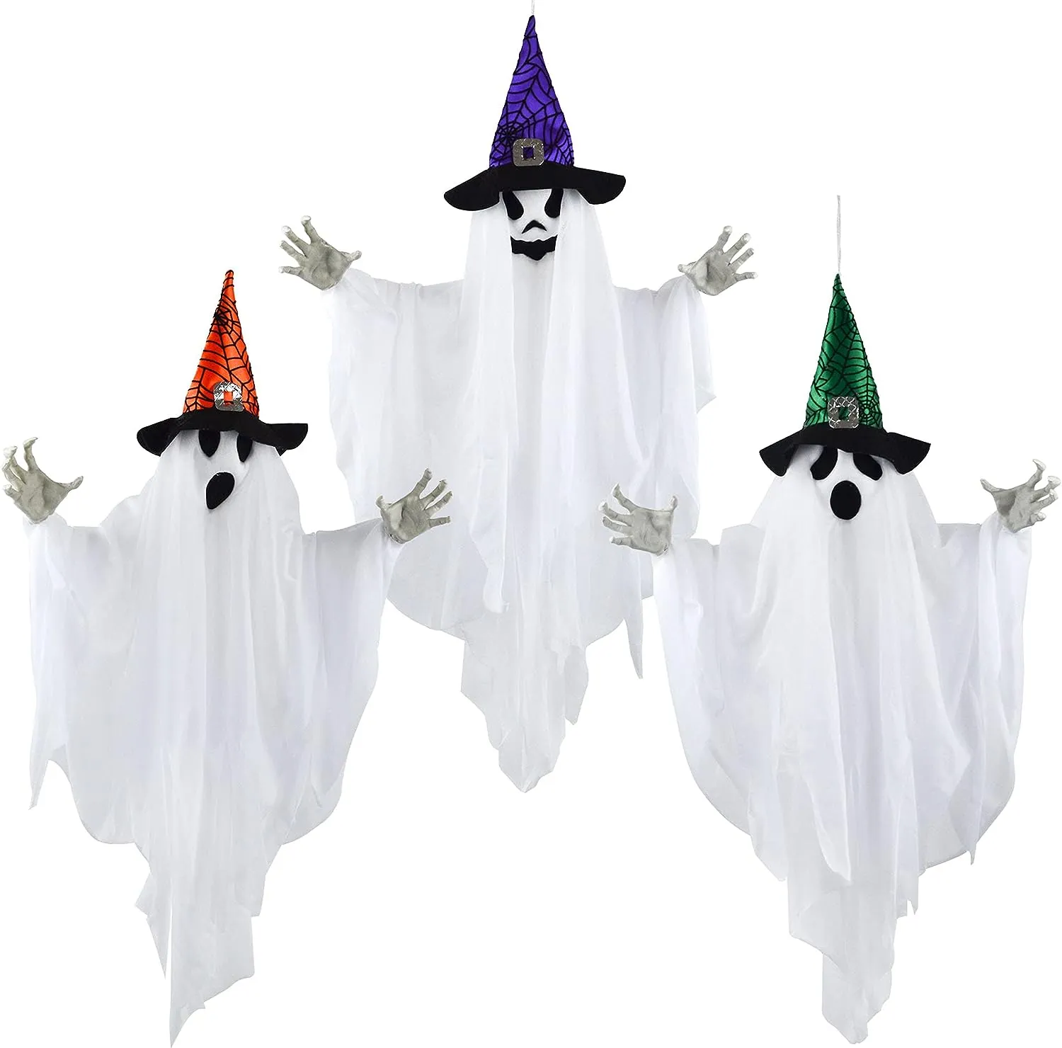 Creepy Decorations Monster Ornaments 24.8in White Ghost with Colored Hats, 3 Pack