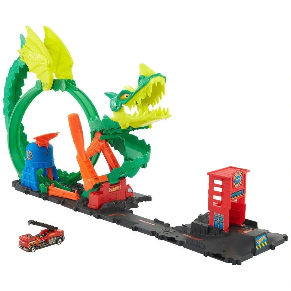 Mobile Game Display Toy Hot Wheels Dragon Drive Firefight Playset and Vehicle