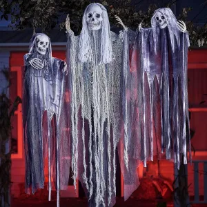 3Pcs Halloween Hanging Grim Reapers, One 55in, Two 35in Skeleton Flying Ghosts Spooky Ornaments Scary Accents
