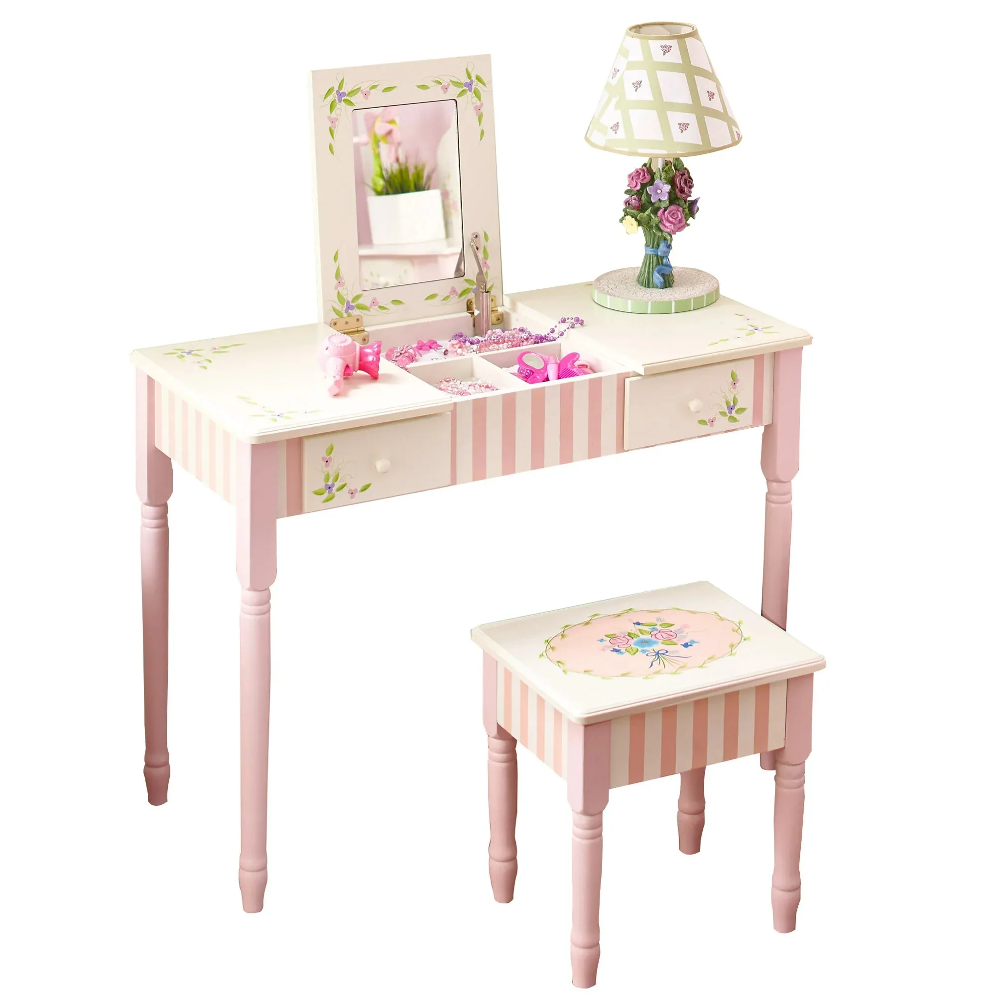Fantasy Fields By Teamson Bouquet Kids Wooden Vanity Stool Dressing Table Mirror Flexible Figure