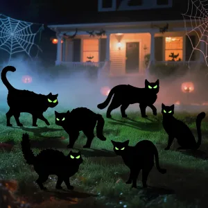 6 Pcs Halloween Black Cat Yard Signs with Glow in Dark Eyes Eerie Lights
