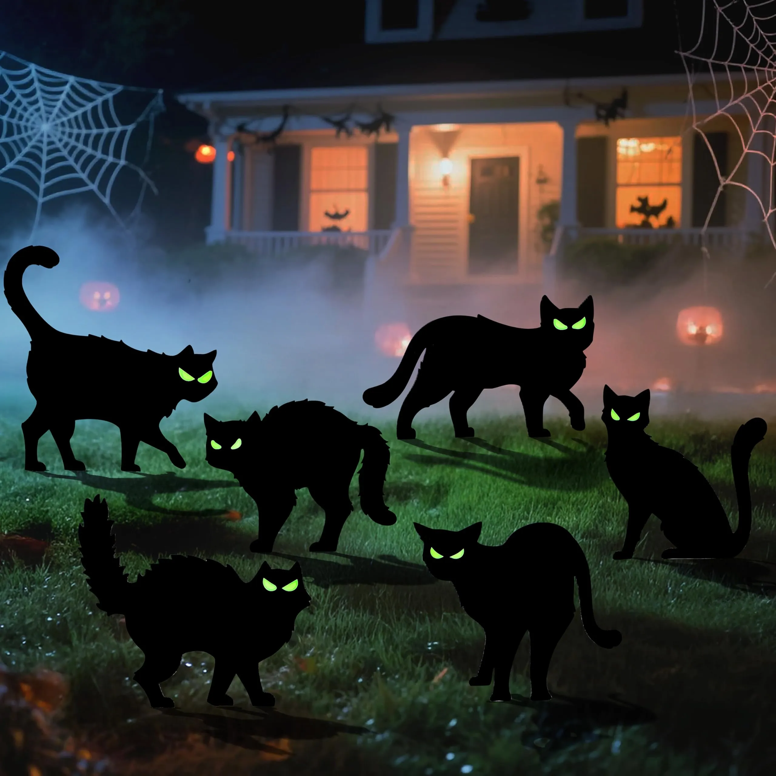 6 Pcs Halloween Black Cat Yard Signs with Glow in Dark Eyes Eerie Lights