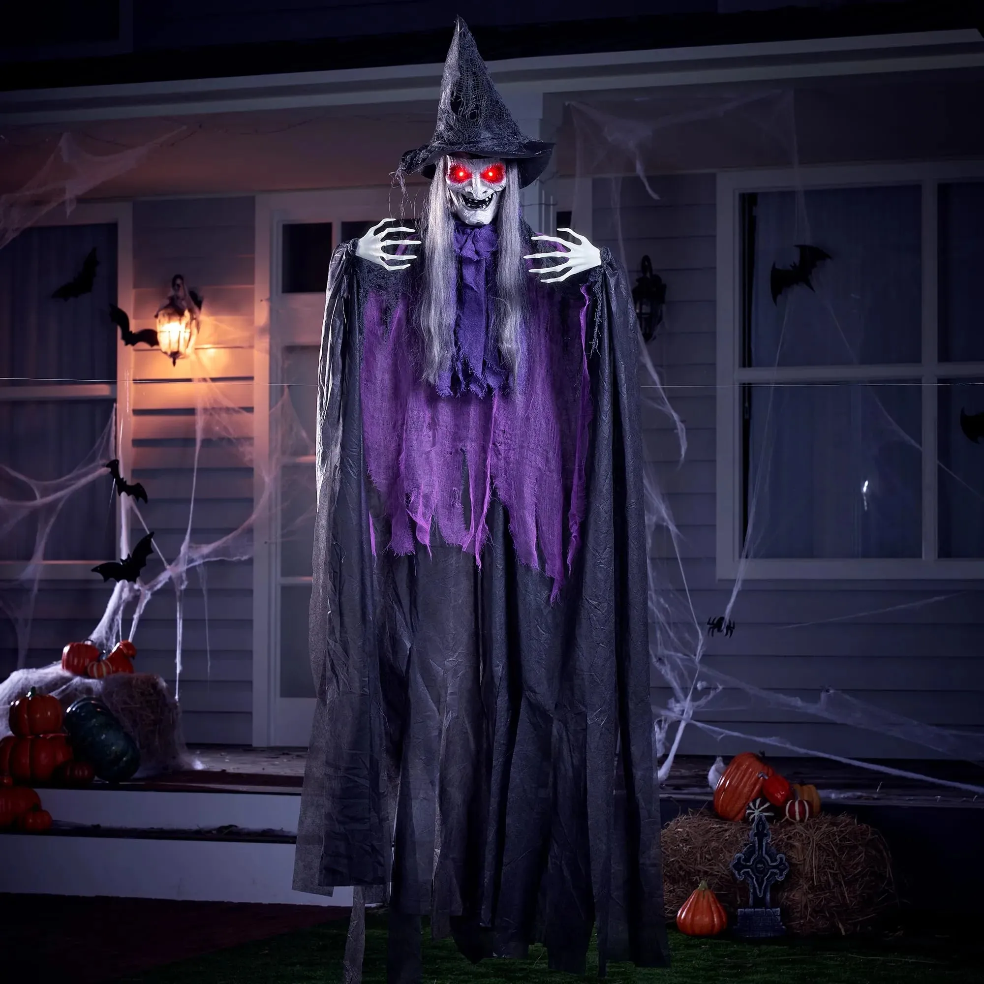 Playful Accessories Mystical Props 72in Halloween Animated Hanging Talking Purple Witch with Light-up Eyes, Creepy Sound