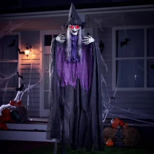 Playful Accessories Mystical Props 72in Halloween Animated Hanging Talking Purple Witch with Light-up Eyes, Creepy Sound