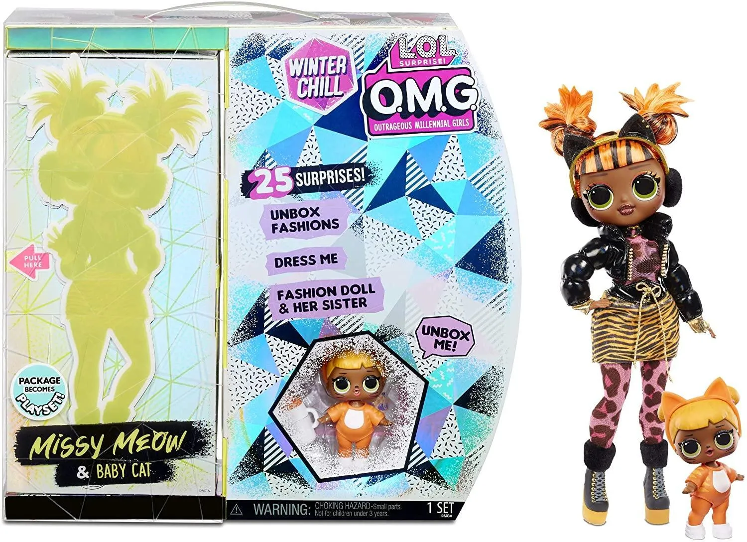 LOL Surprise OMG Winter Chill Missy Meow Fashion Doll and Baby Cat Doll with 25 Surprises Regional Specialty
