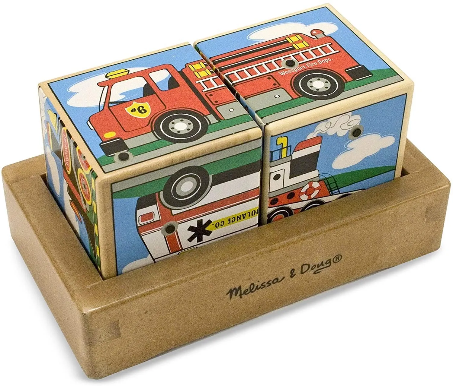 Stylized Art Melissa & Doug 11272 Vehicles Sound Blocks 6-in-1 Puzzle With Wooden Tray