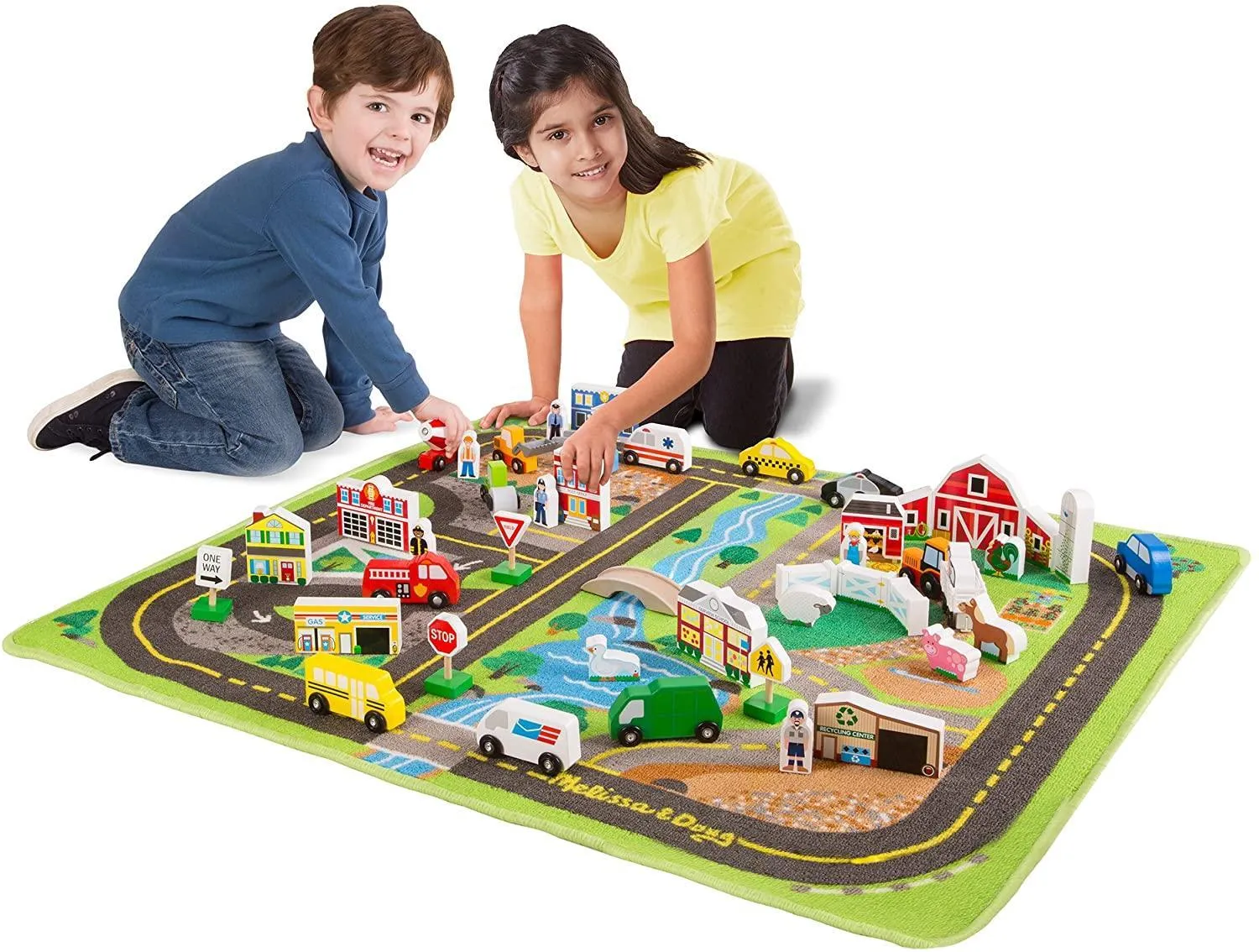 Superhero Statue Forest Creature Melissa & Doug 15195 Deluxe Activity Road Rug Play Set with 49 Wooden Vehicles