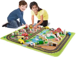 Superhero Statue Forest Creature Melissa & Doug 15195 Deluxe Activity Road Rug Play Set with 49 Wooden Vehicles
