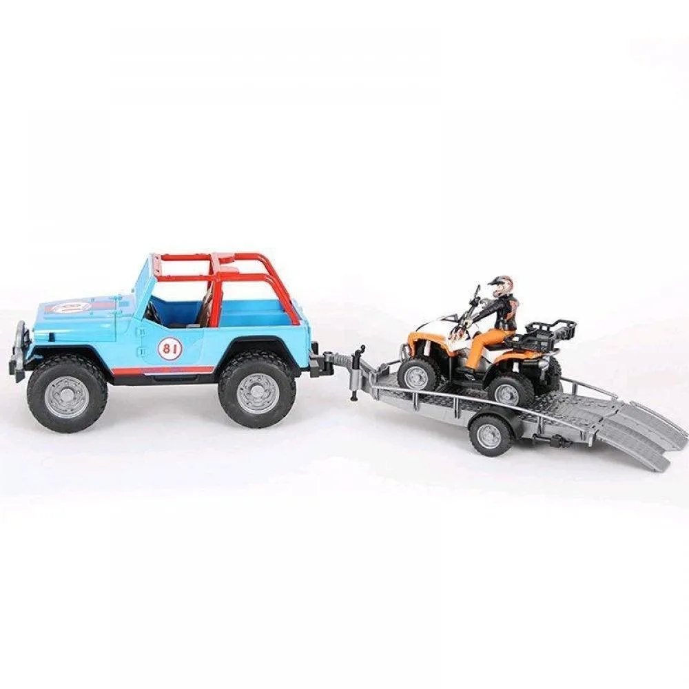 Bruder Blue Jeep Racing Car with Trailer, Quad Bike and Driver Maximalist Art Patio Decor