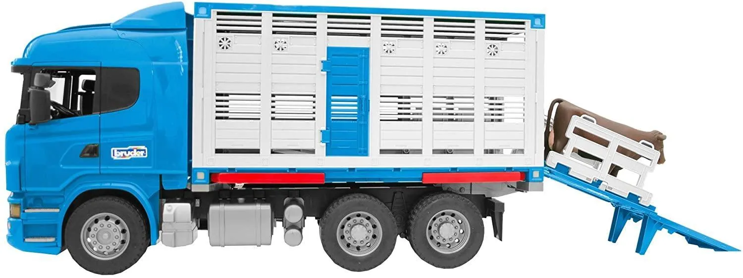 BRUDER 03549 BWorld Scania R-Series Livestock Transporter With One Cow Music Icon Astronaut Figure