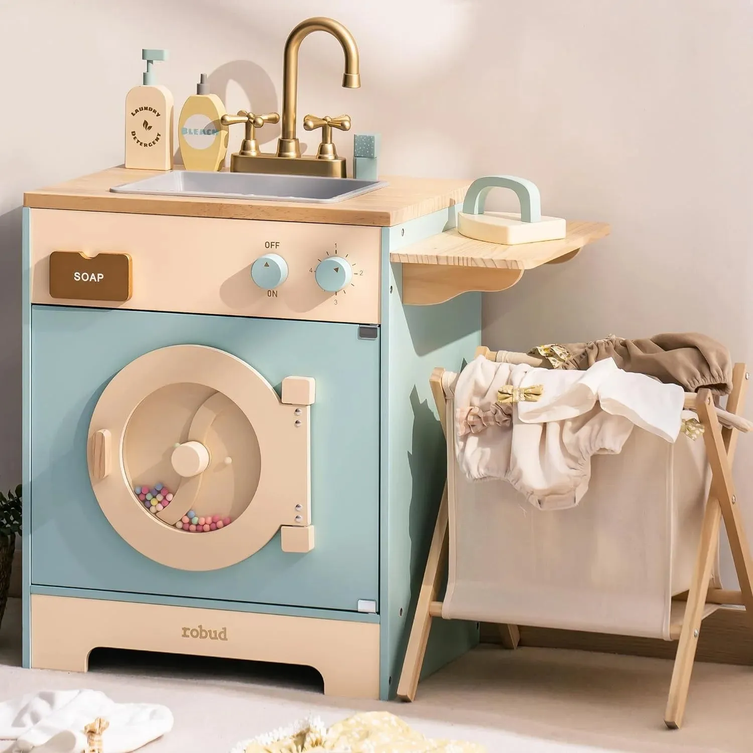 Artisan Partnership Celebrity endorsed ROBUD Wooden Washing Machine Laundry Playset