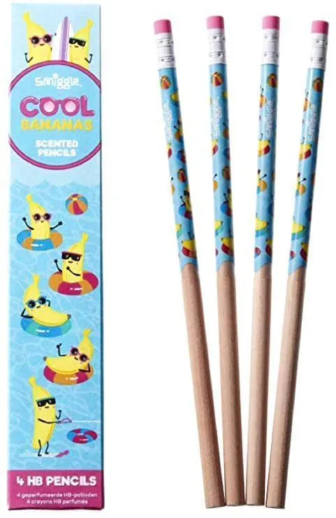 Archival Quality Display Base SMIGGLE Pencils x 4 Pack Scented HB Wooden With Eraser Top - Cool Bananas