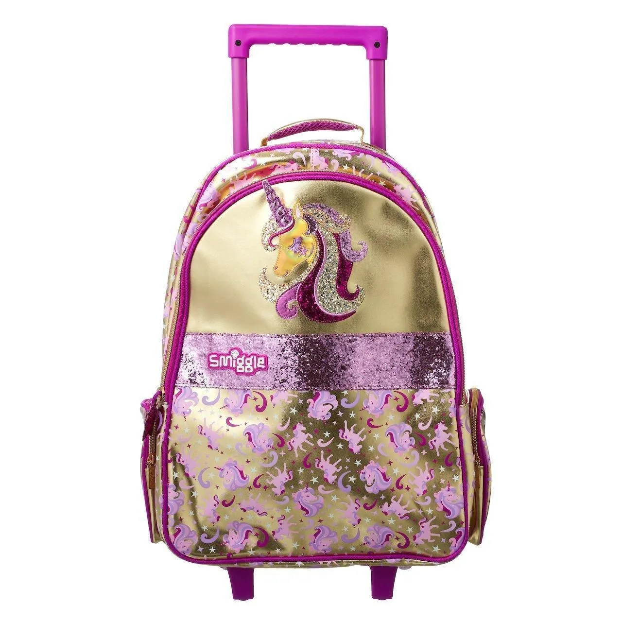 Mainstream Appeal Cute Animal SMIGGLE Gold Trolley Backpack With Unicorn Motif and Light Up Wheels