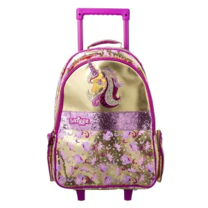 Mainstream Appeal Cute Animal SMIGGLE Gold Trolley Backpack With Unicorn Motif and Light Up Wheels