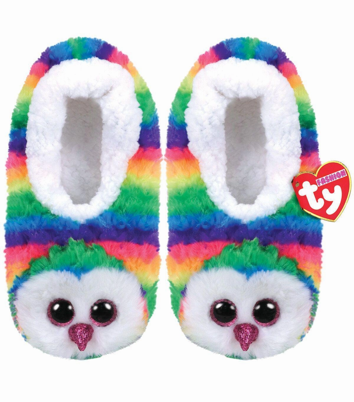 Posable Figure Bird Replica Ty Beanie Boo Slipper Socks - Owen Owl Rainbow