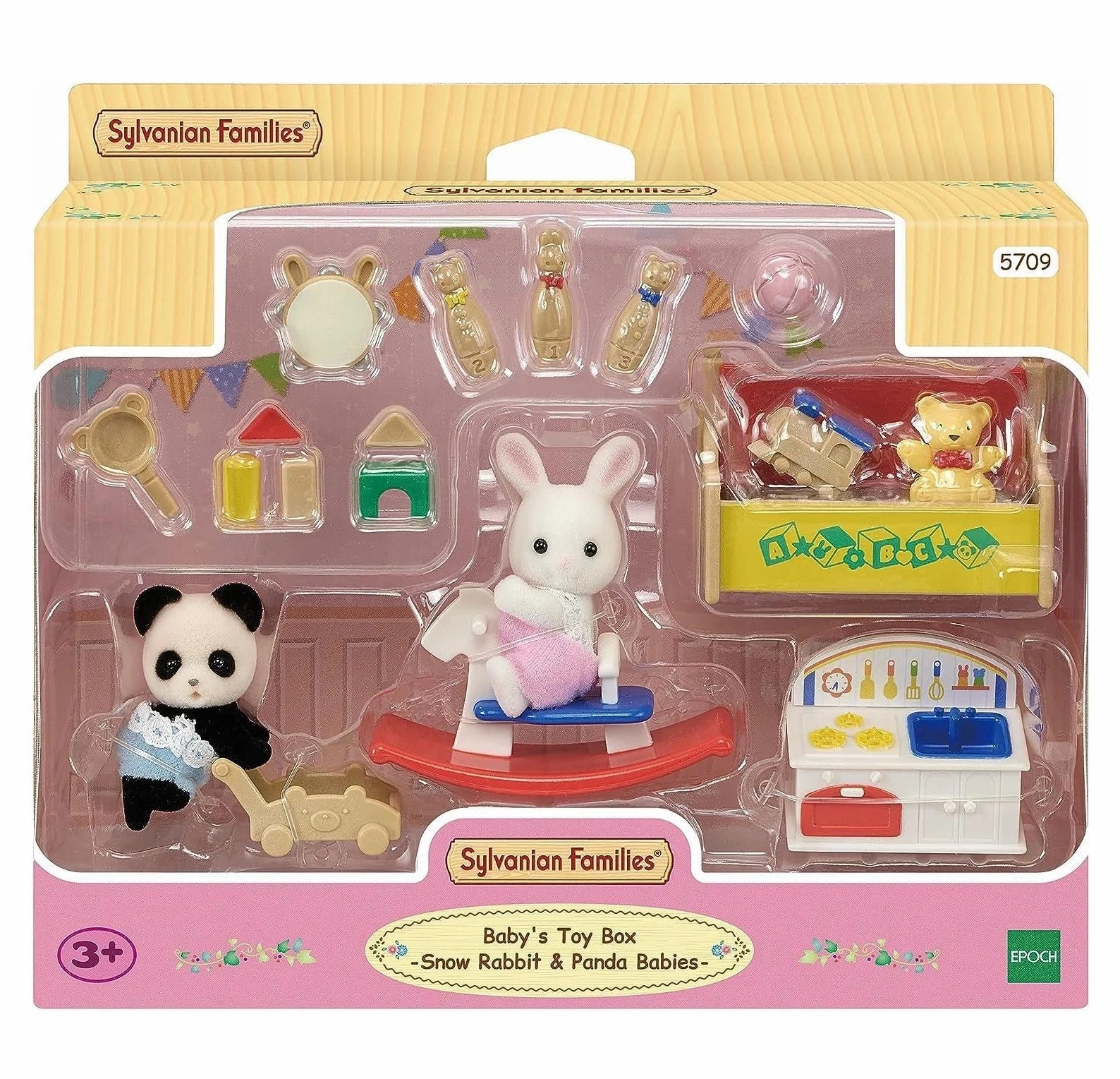 National Treasure Posable Replica Sylvanian Families Baby's Toy Box -Snow Rabbit & Panda Babies