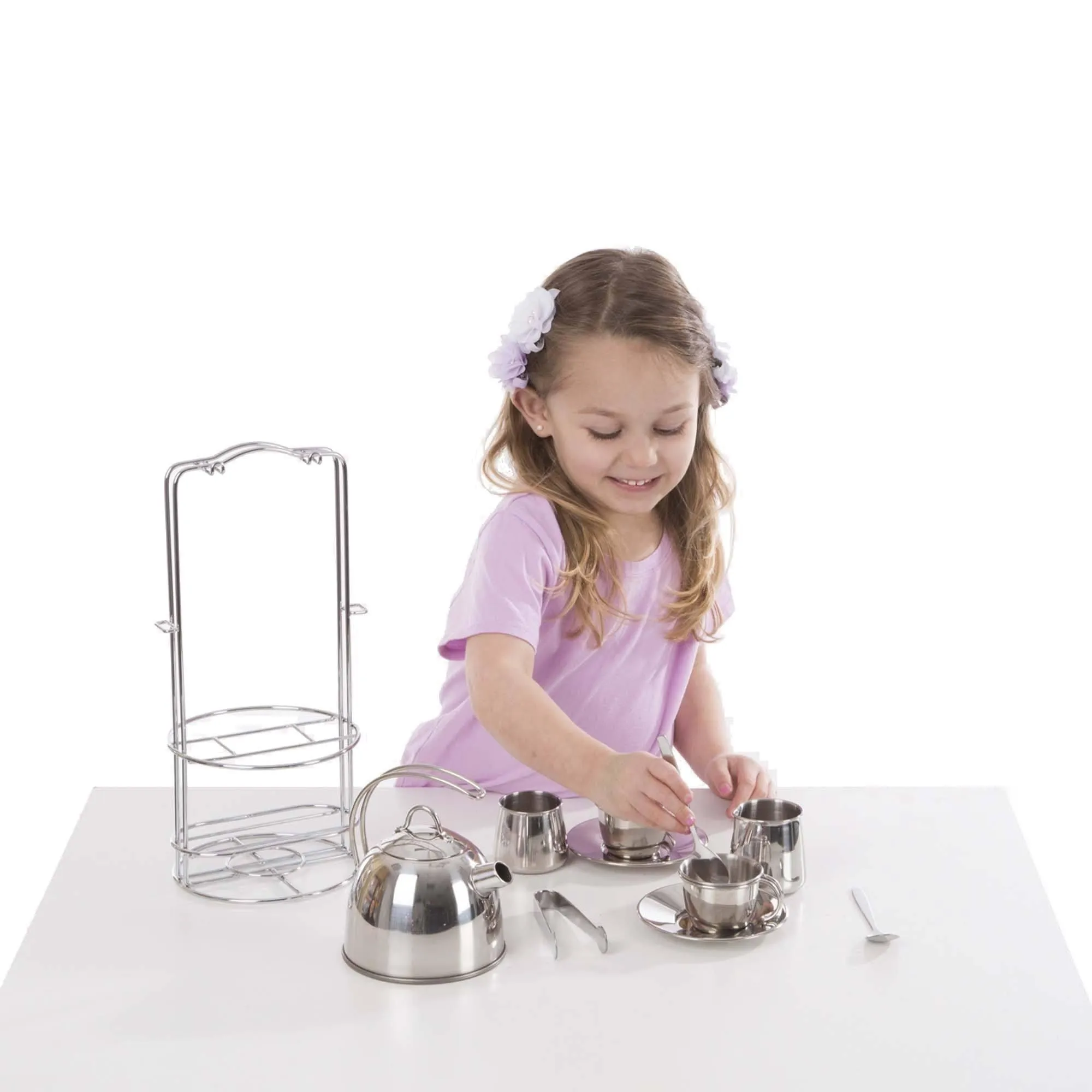 Melissa & Doug Stainless Steel Tea Set and Storage Stand Robot Figure